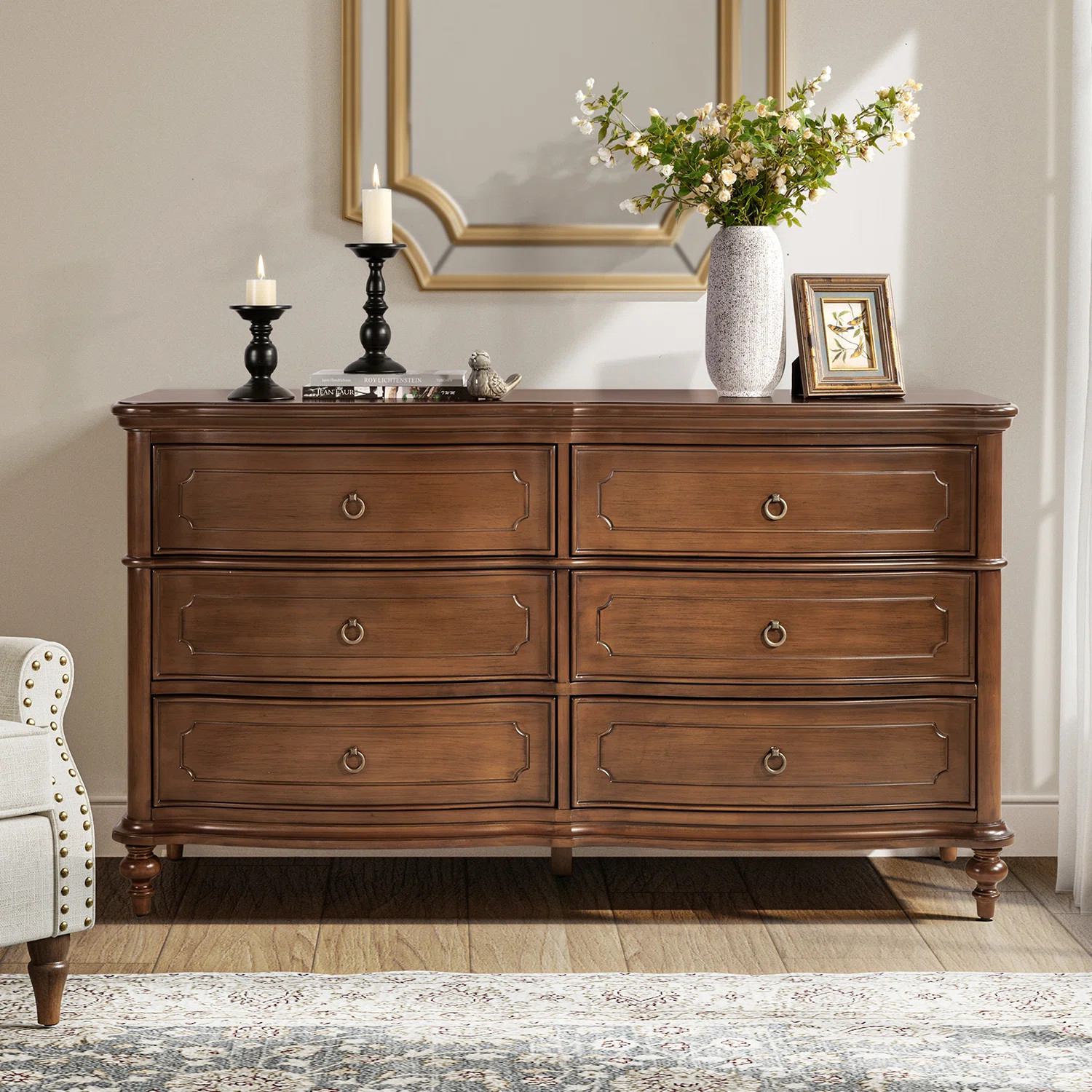 Elfine 58 ''W Traditional 6-Drawer Curved Drawer Fronts Dresser Simple Assembly with Solid Wood | Wayfair North America