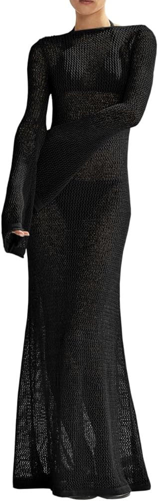 Saodimallsu Womens Crochet Cover Ups Long Sleeve Sexy Mesh Backless Knit Swimsuit Coverup Beach M... | Amazon (US)
