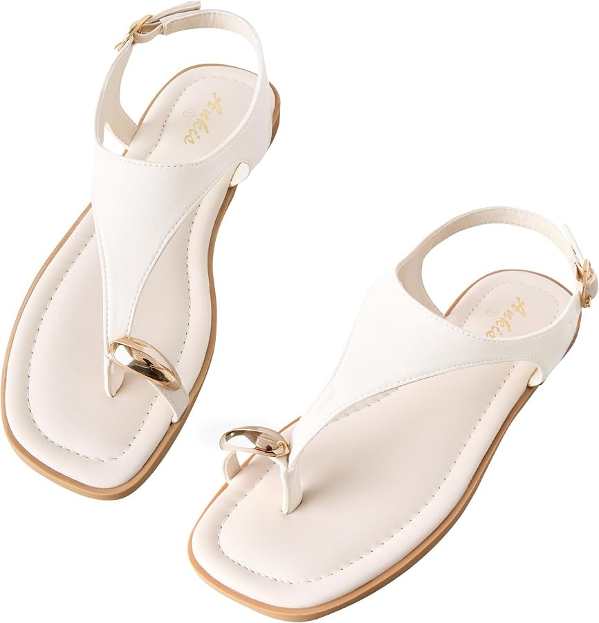 Womens Toe Ring Thong Sandals Square Open Toe Flat Sandals Adjustable Ankle Buckle Strap Comfort ... | Amazon (US)