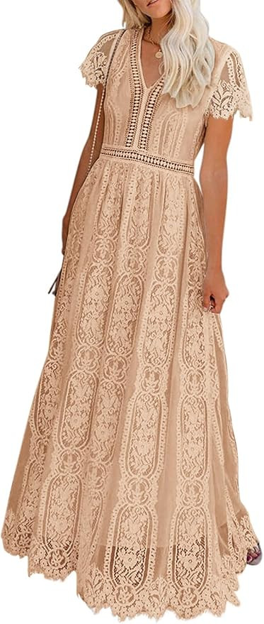 MEROKEETY Women's 2026 V Neck Short Sleeve Floral Lace Wedding Dress A Line Boho Bridesmaid Cockt... | Amazon (US)
