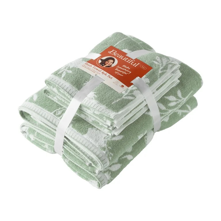 Beautiful Floral 4 Pack Towel Set, Contains 2 Bath, 2 Hand - Sage Green by Drew Barrymore | Walmart (US)