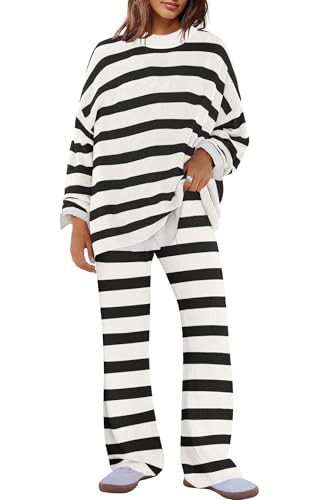 Panadila Womens Striped Lounge Set Oversized Sweater Set 2 Piece Pajama Set Long Sleeve Top and Pants with Pockets(Black White Combo,XL) | Amazon (US)