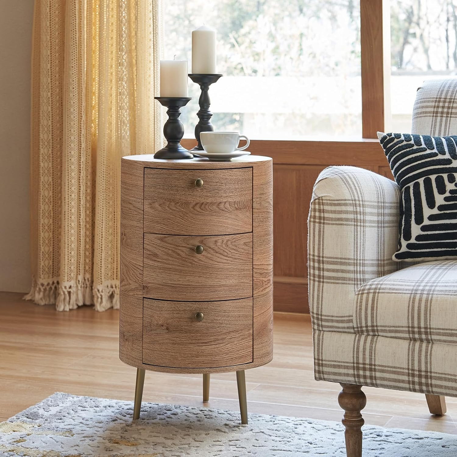 HULALA HOME Round End Table with 3 Storage Drawers, Mid Century Modern Sofa Side Table with Metal Legs, Farmhouse Wood Small Side Table for Living Room, Bedroom and Small Spaces, Oak | Amazon (US)