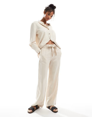 JDY wide leg belted linen trousers in oatmeal | ASOS (Global)