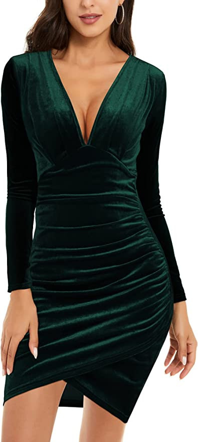 HUHOT Womens Sexy Deep V Neck Long Sleeve Hide Tummy Velvet Bodycon Ruched Mini Party Cocktail Dr... | Amazon (US)