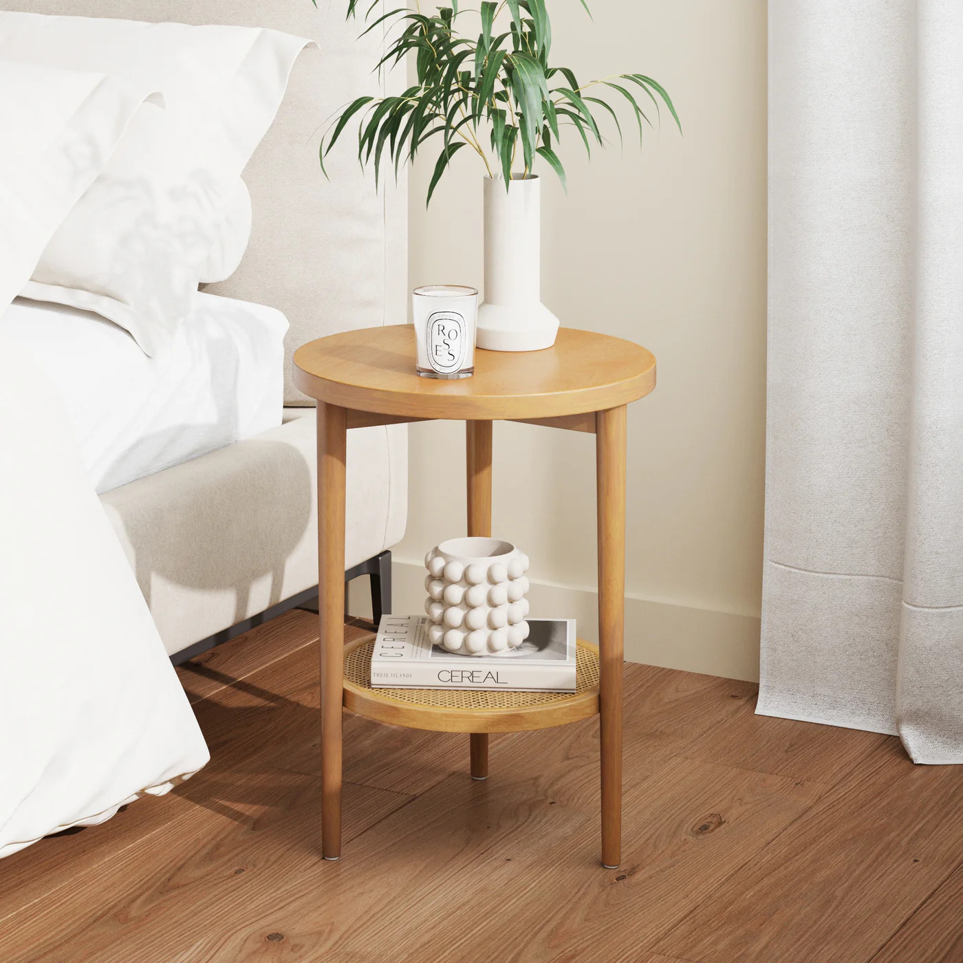 Wood & Rattan Round End Table Warm Pine | Nathan James