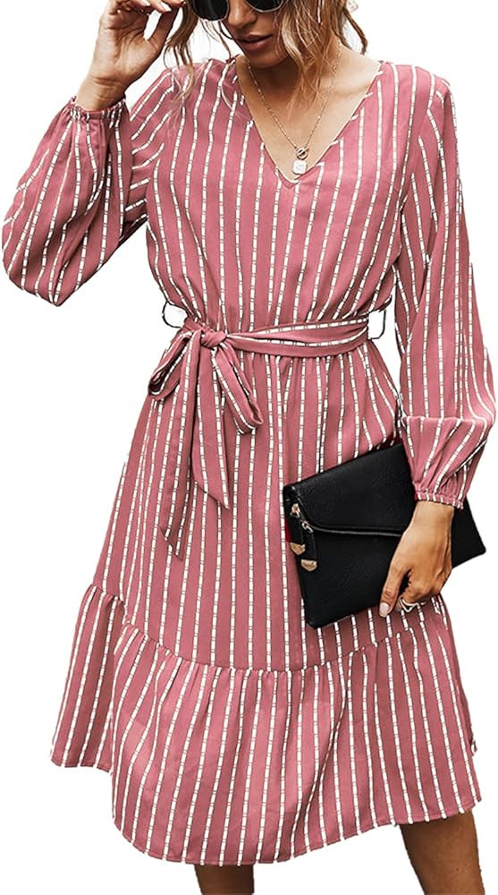 BROVAVE Women's Summer Long Sleeve Striped Casual Tie Waist V-Neck Flowy Midi Dress | Amazon (US)