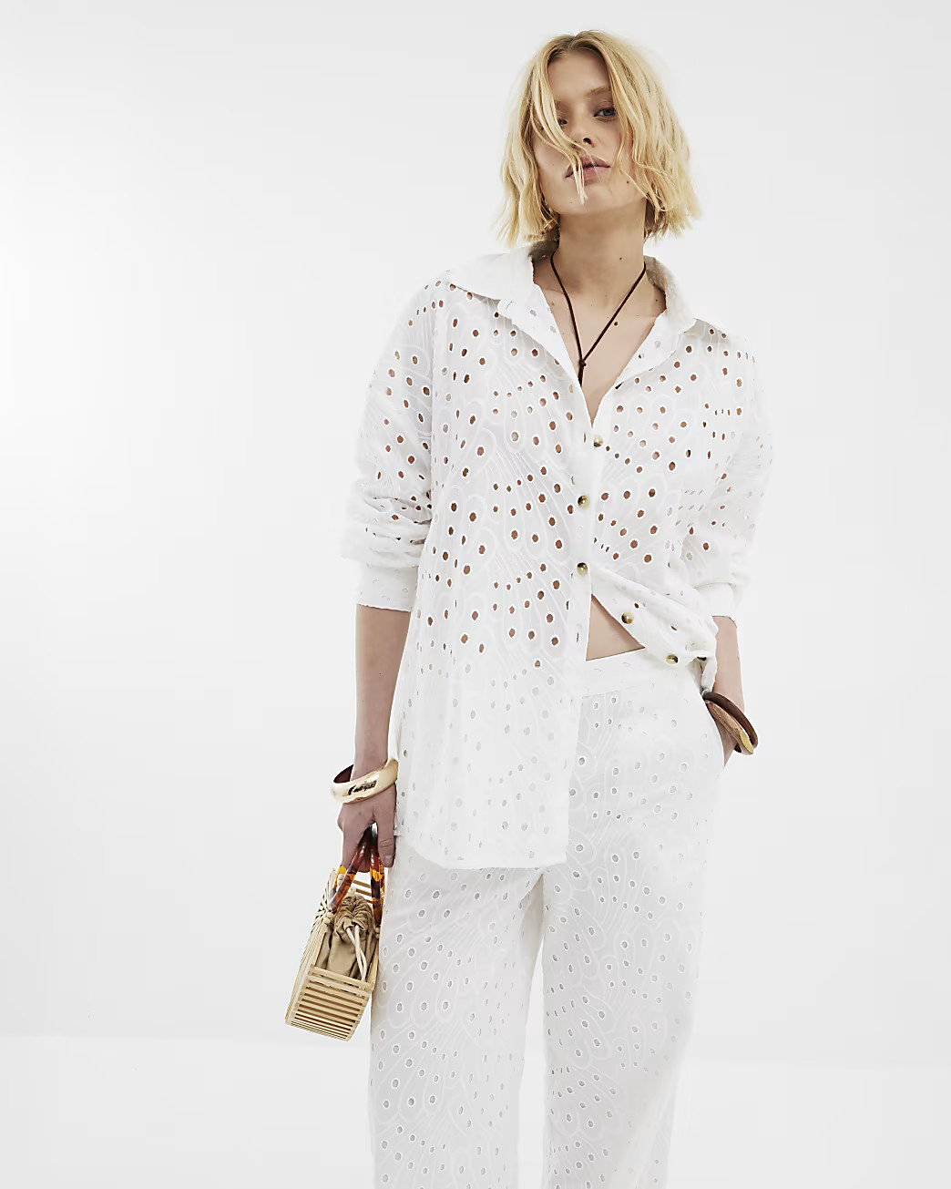 White Long Sleeve Oversized Broderie Shirt | River Island UK & IE