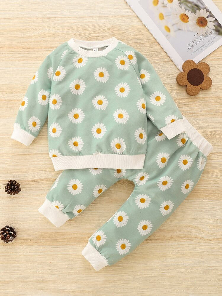 Baby Floral Print Raglan Sleeve Sweatshirt & Sweatpants | SHEIN