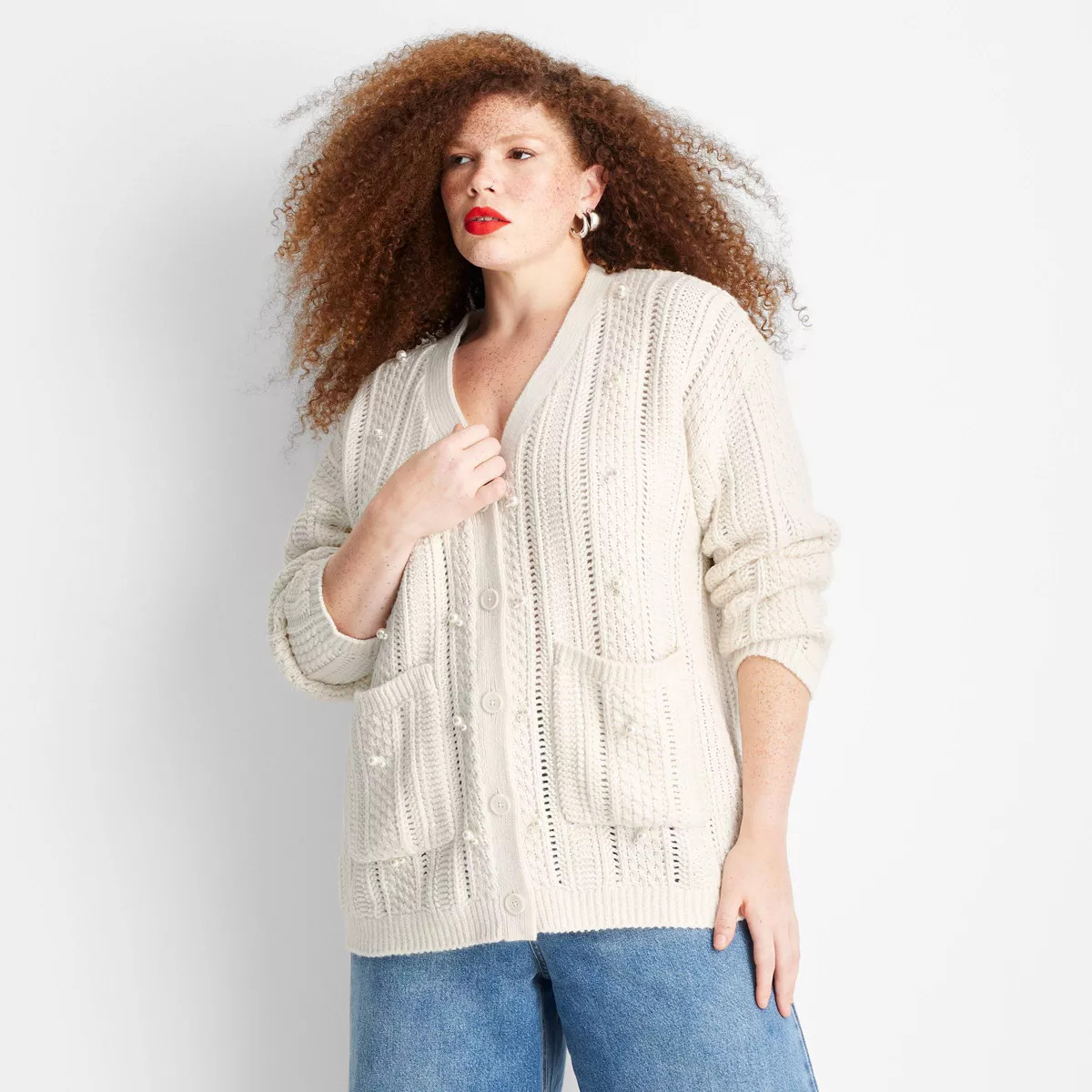 Women's Holiday Embellished Relaxed Cardigan - Future Collective Cream | Target