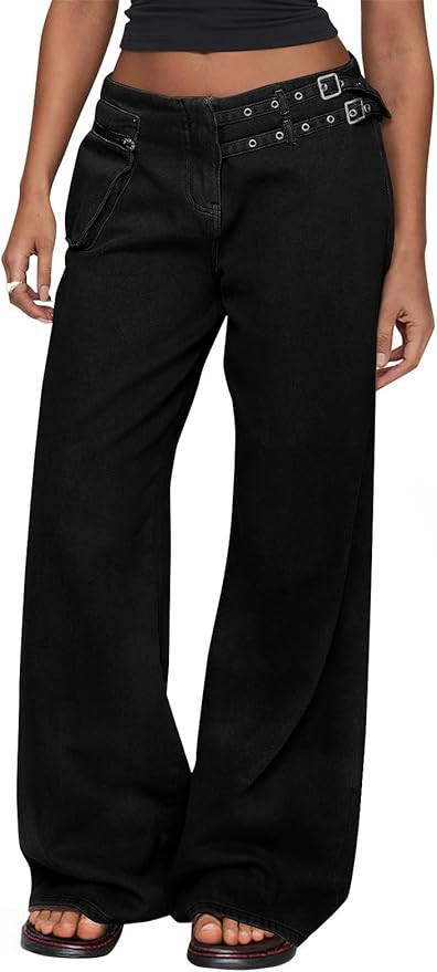 Cicy Bell Womens Wide Leg Jeans with Buckle Detail Casual Mid Rise Boyfriend Baggy Denim Pants wi... | Amazon (US)