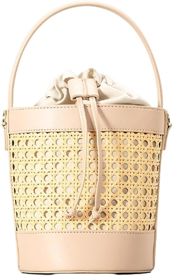 Rattan Bucket Bag for Women Straw Beach Bag Drawstring Crossbody Purse PU Leather Summer Shoulder... | Amazon (US)