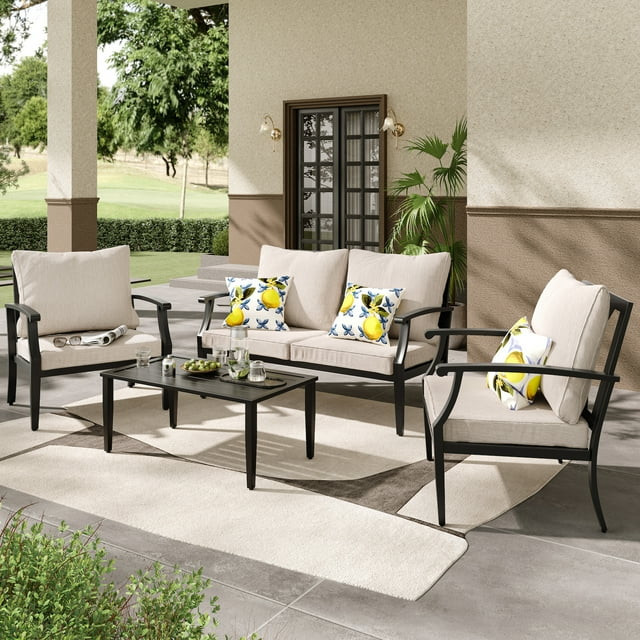 JOYURE 4 pieces Patio Furniture Set w/loveseat,Coffe Table,Outdoor Conversation Metal Sofa with H... | Walmart (US)