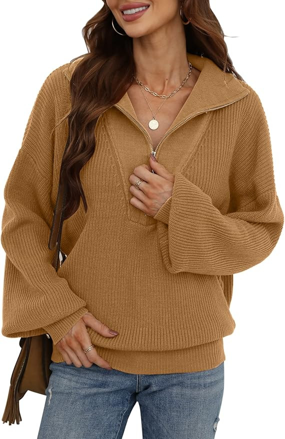 NATACATA Women's Long Sleeve Half Zip Pullover Sweater V Neck Collar Oversized Slouchy Knit Fall ... | Amazon (US)