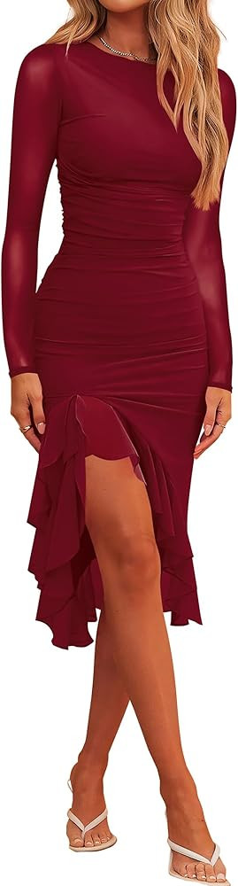 Nova In Sky Women Wedding Guest Dress Spring 2026 Ruched Bodycon Mesh Long Sleeve Ruffle Formal M... | Amazon (US)