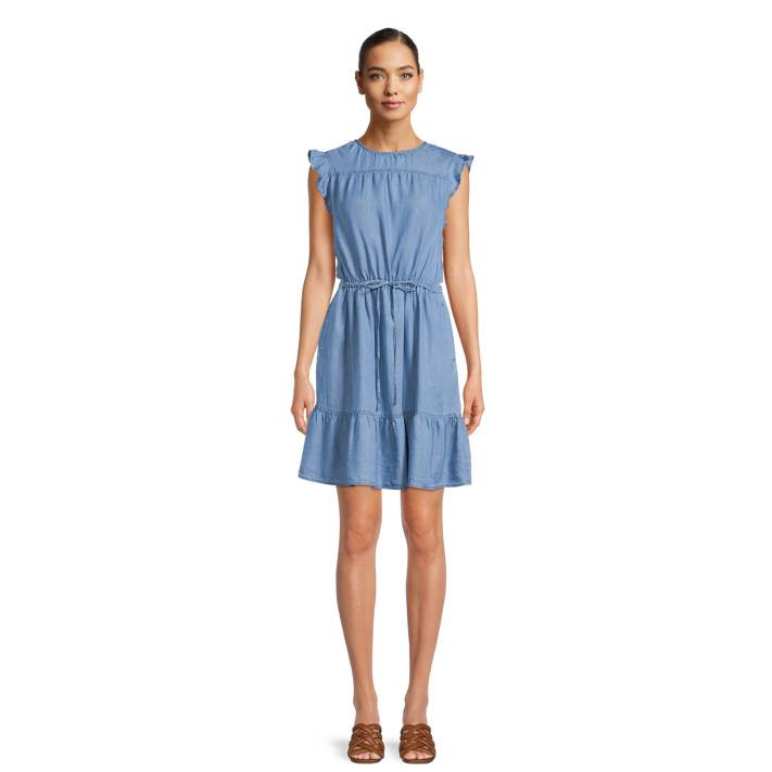 Time and Tru Women’s Woven Flutter Sleeve Dress with Flounce Hem | Walmart (US)