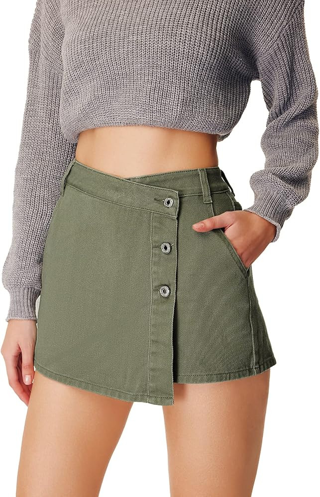 WDIRARA Women's High Waisted Button Front Denim Skort Asymmetrical Hem Skirt Shorts | Amazon (US)