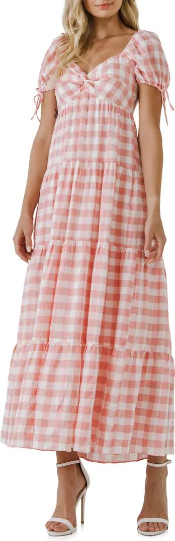 Gingham Knot Tiered Cotton Blend Midi Dress | Nordstrom