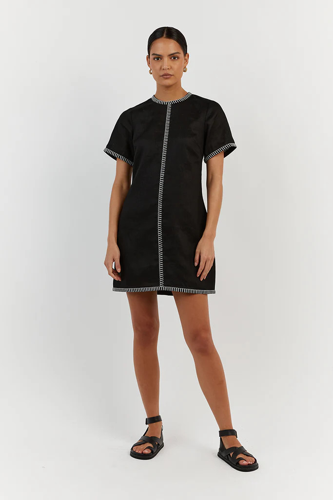 BELLA BLACK LINEN SHIFT MINI DRESS | DISSH