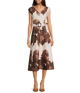 Calvin Klein Floral Print V-Neck Short Sleeve Scuba Midi Dress | Dillard's | Dillard's