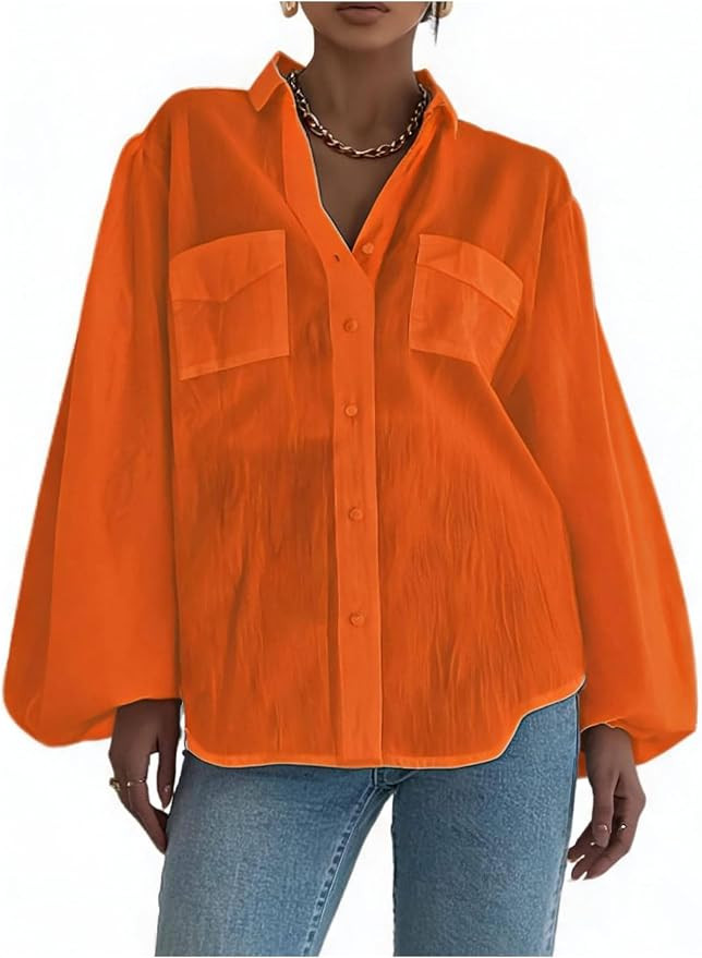 GORGLITTER Women's Collared Button Down Shirt Oversized Bishop Long Sleeve Casual Business Work B... | Amazon (US)