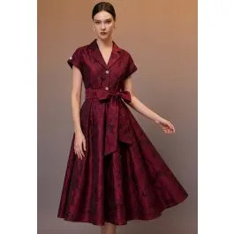 Floral Jacquard Notch Lapel Belt Buttoned Midi Dress in Burgundy for Evening Parties & Elegant Ba... | Chicwish