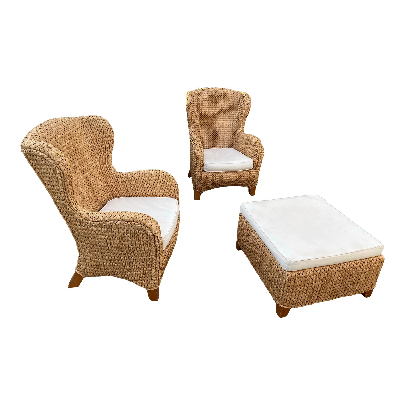 Pottery Barn Seagrass Wingback Chairs & Ottoman - Set of 3 | Chairish