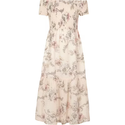 River Island Girls pink floral shirred bardot maxi dress | River Island (US)
