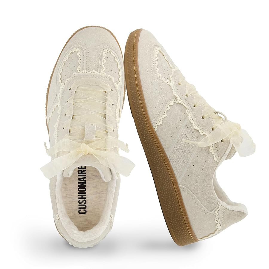 CUSHIONAIRE Belinda Women’s Lace Detail Casual Sneakers – Elegant Ribbon Lace-Up Shoes with M... | Amazon (US)
