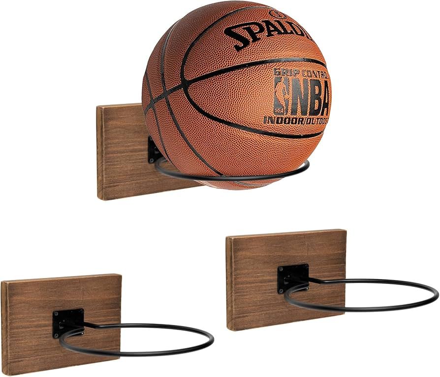 GENMOUS Set of 3 Wood Basketball Holder Wall Mount Display for Boys Room Decor, Metal Ball Rack D... | Amazon (US)