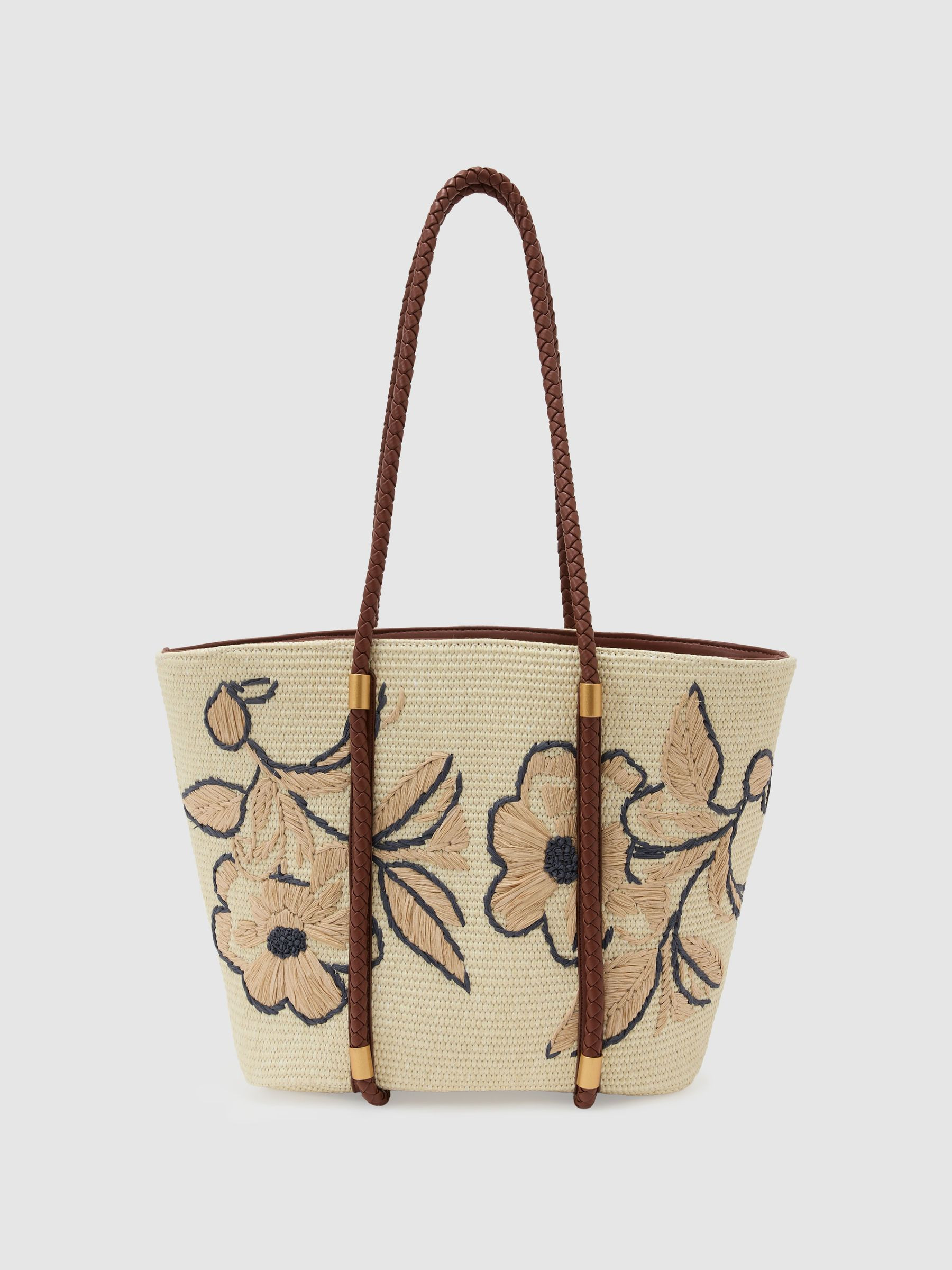 Raffia-Effect Embroidered Tote Bag in Natural | Reiss UK