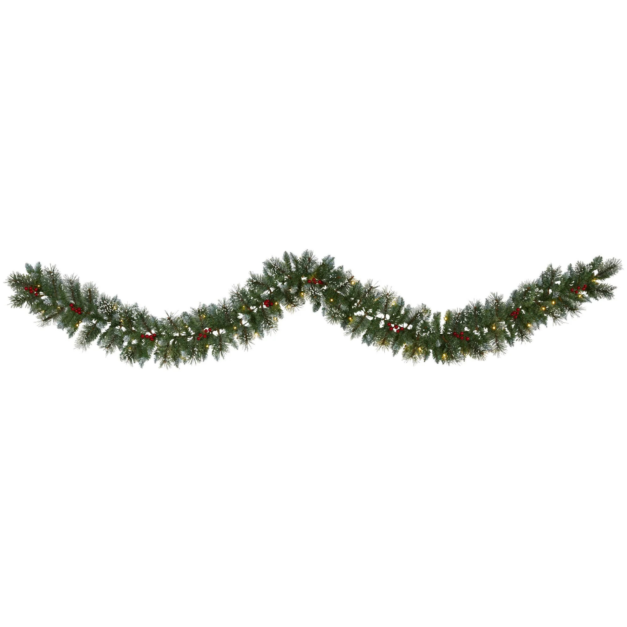 9’ Frosted Swiss Pine Artificial Garland with 50 Clear LED Lights and Berries | Nearly Natural | Nearly Natural