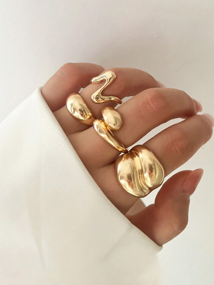 4pcs Vintage Fashion Geometric Round Open Ring, Liquid Asymmetrical Ring, Adjustable Gold & Silve... | SHEIN