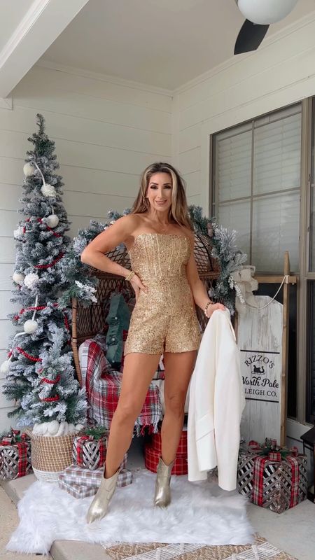 Gold sequin romper for all the holiday parties and into NYE! Comes in silver, black and gold. Runs true to size. Wearing size small for reference. Christmas outfit, boots, 

#LTKVideo #LTKHoliday #LTKparties