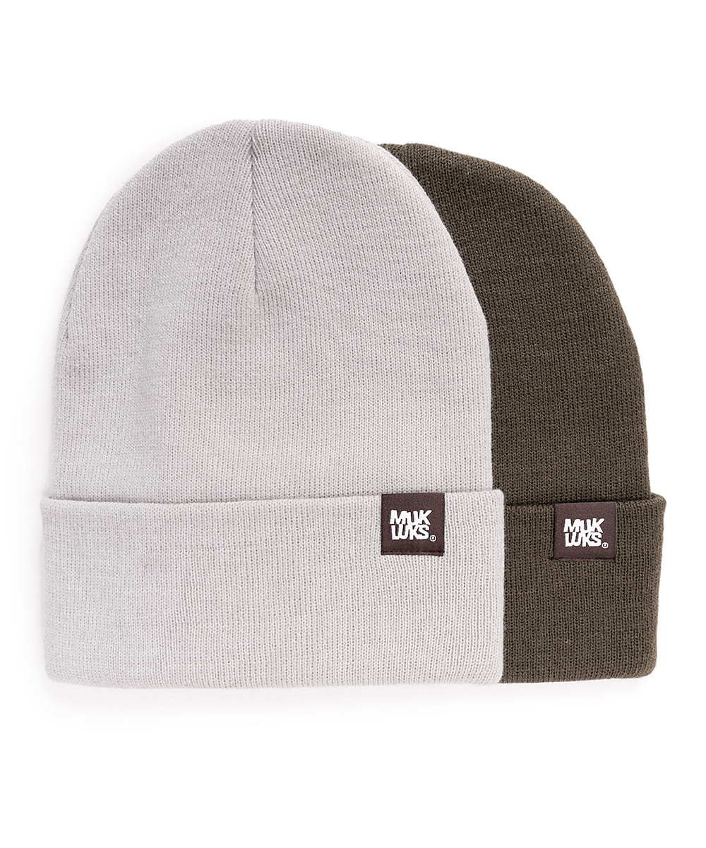 Muk Luks Winter Hats Grey/Olive - Gray & Olive Cuff Beanie Set | Zulily