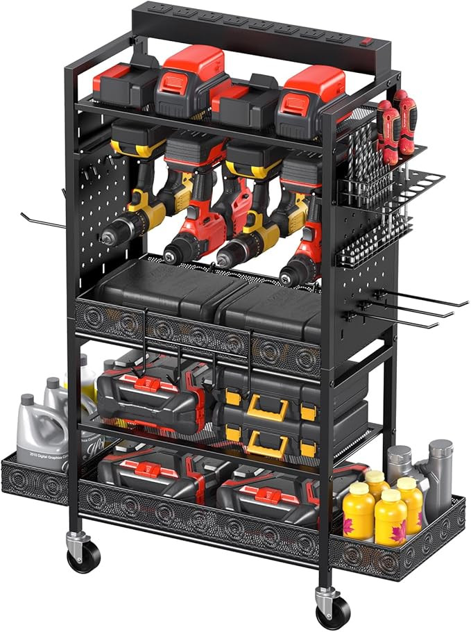 CCCEI Garage Power Tools Organizer Cart with Charging Station, Black Floor Standing Rolling Drill... | Amazon (US)
