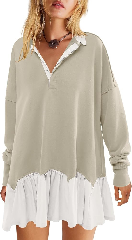 LAMISSCHE Womens Sweatshirt Dress Oversized Long Sleeve V Neck Pullover Tops Flowy Ruffle Patchwo... | Amazon (US)