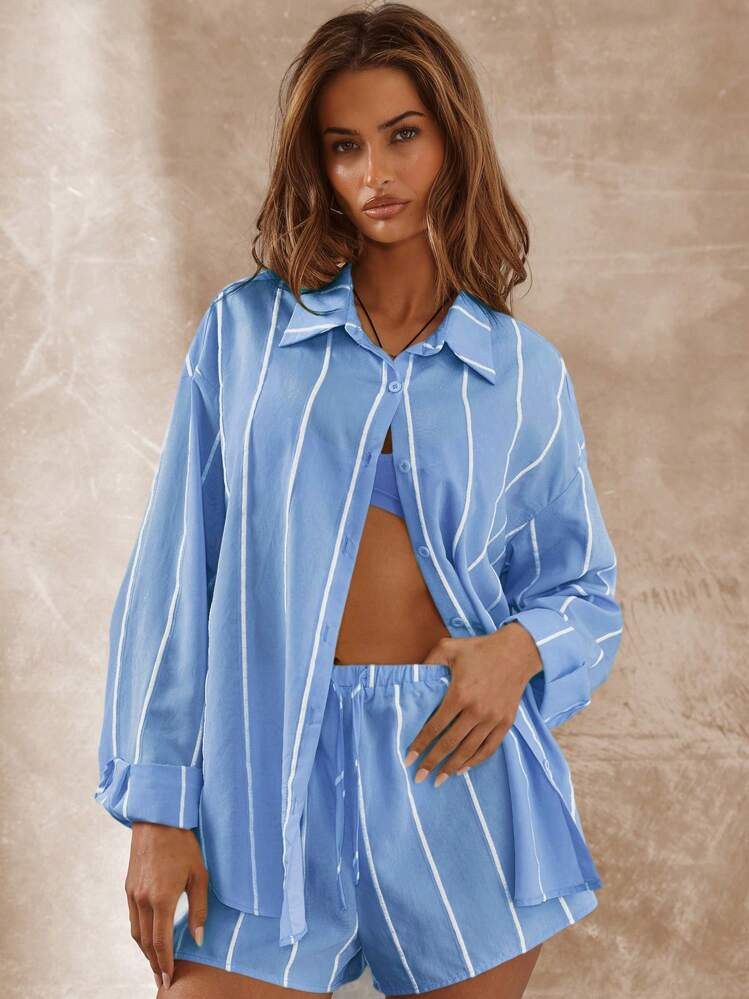 Musera Resort Oversized Pinstripe Long Sleeve Shirt Only Cover Up Boho Ibiza Cute Sexy Vacation Summer Beach Swimwear Fall Holiday Spring | SHEIN