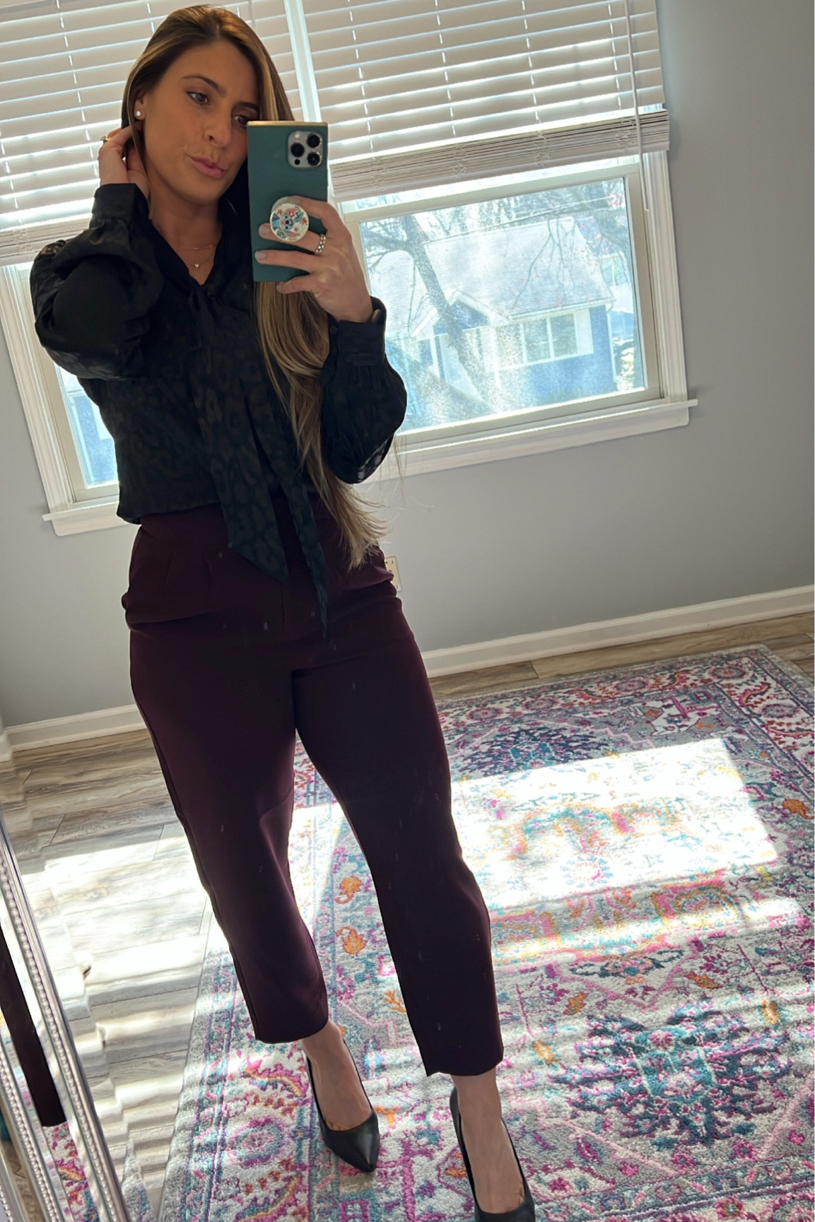 Work outfit details from Express! Love this satin leopard black top and plum high waisted ankle pants paired with Vince camuto black pumps!

#LTKstyletip #LTKsalealert #LTKworkwear