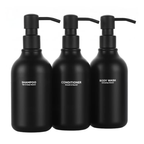 Shampoo and Conditioner Dispenser - Shower Soap Dispenser 3 Chamber Hotel - Bathroom Soap Dispenser Bottles with Labels - Black PET Bottles with Black Stainless Steel Pumps Set Refillable 1500ml | Amazon (US)