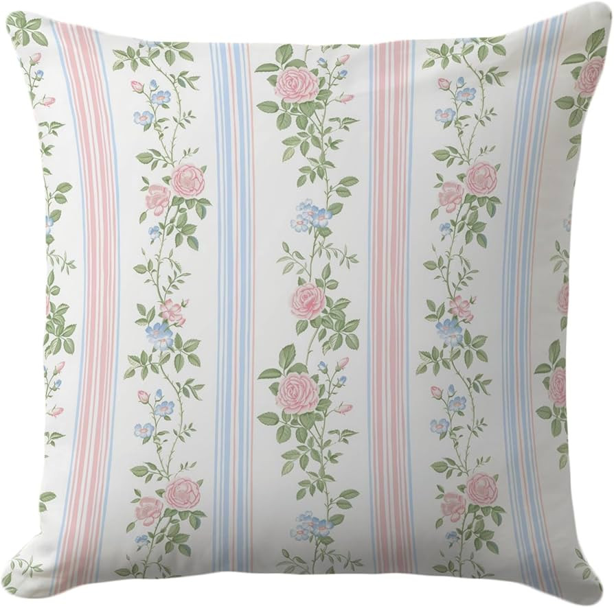 Floral Pillow Cover 18x18 – Classic Vintage Rose Cushion with Striped Blossom Pattern – Shabb... | Amazon (US)