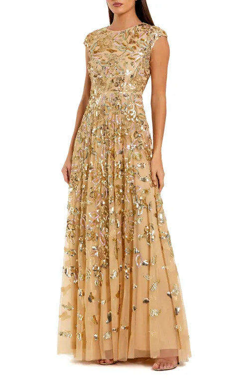Mac Duggal Women's Sequined High Neck Cap Sleeve A Line Gown in Gold Multi at Nordstrom, Size 6 | Nordstrom