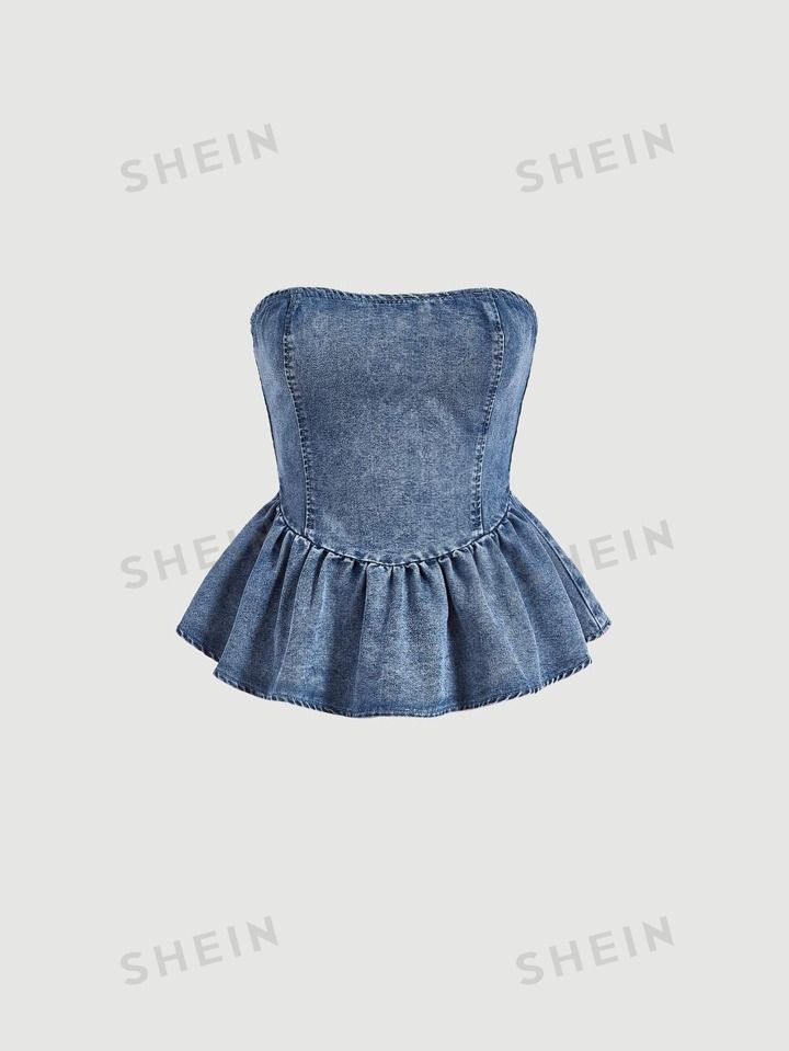 SHEIN MOD Ruffle Hem Denim Tube Top | SHEIN