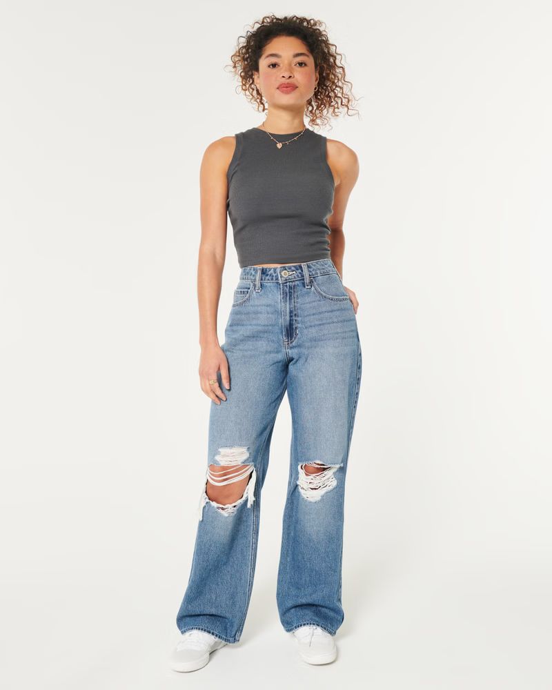 Ultra High-Rise Ripped Medium Wash Baggy Jeans | Hollister (US)