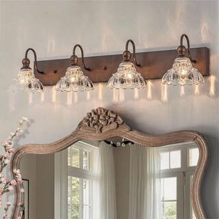 37 in. 4-Light Antique Bronze Vintage Bathroom Vanity Light with Flower Glass Shades | The Home Depot