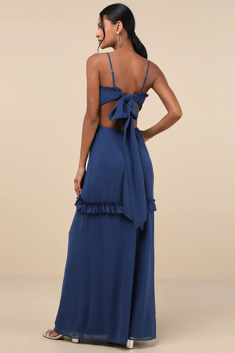 Pronounced Perfection Dark Blue Cutout Tie-Back Maxi Dress | Lulus