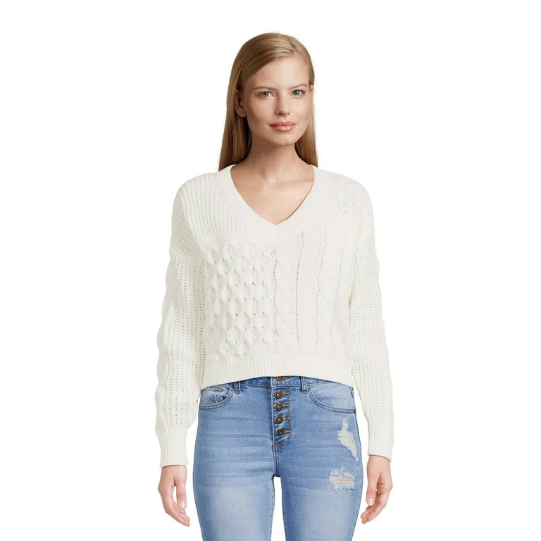 No Boundaries Juniors Patchwork Cable Knit Sweater, Midweight, Sizes XS-XXXL | Walmart (US)