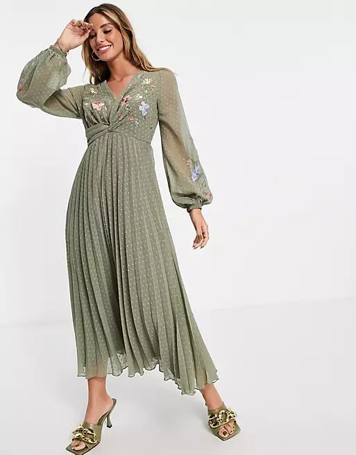 ASOS DESIGN dobby twist front pleated midi dress with all over embroidery in khaki | ASOS (Global)