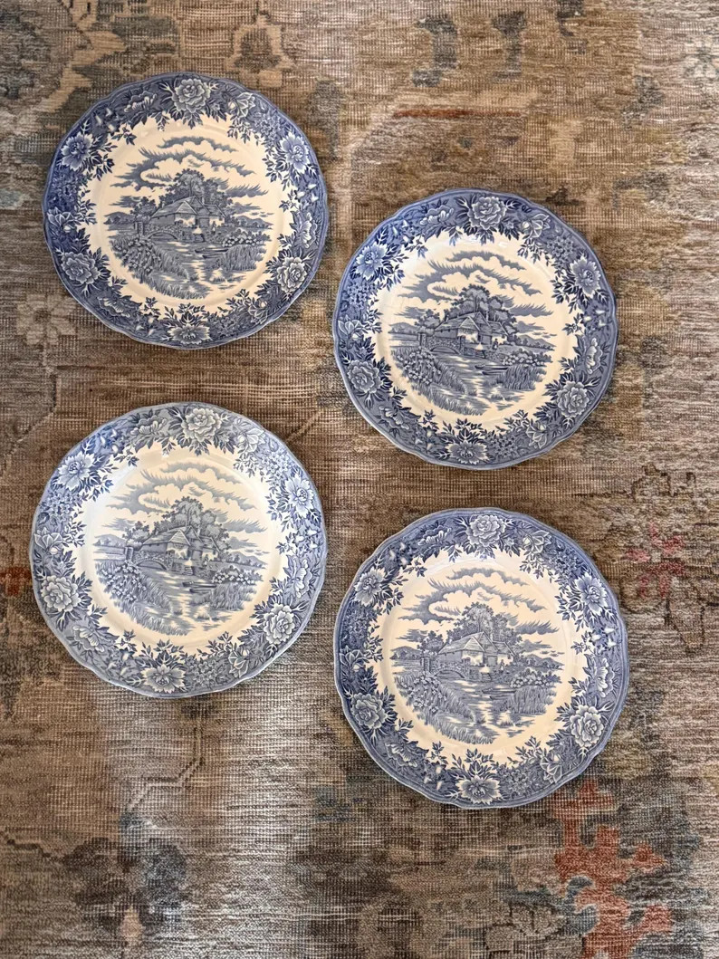 Set of 4 vintage "English Village" blue ironstone plates | Etsy (Global)