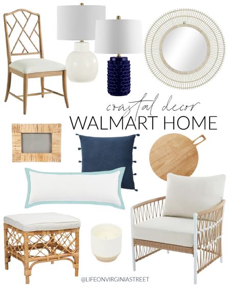 My current coastal favorites from Walmart!  Items include a set of Chippendale chairs, a white table lamp, a blue table lamp, a round rattan starburst mirror, a woven picture frame and a wooden charcuterie board.  Additional items include a blue throw pillow, a white and blue lumbar pillow, a candle, a rattan ottoman and an outdoor wicker chair.

look for less home, designer inspired, beach house look, walmart haul, walmart must haves, area rug walmart, home decor, Walmart finds, Walmart home decor, Walmart bedroom, Walmart décor, Walmart home finds, walmart chairs, Walmart table lamps, walmart rugs, simple decor, dining chairs, accent chairs, wall mirror, outdoor furniture, Walmart outdoor, abstract wall art, art for home, canvas wall art, living room decor, bedroom inspiration, couch throws, neutral design, bedroom area rug, dining room rug, simple decor, coastal decorating, coastal design, coastal inspiration #ltkfamily  #LTKFind 

#LTKfindsunder50 #LTKfindsunder100 #LTKSeasonal #LTKstyletip #LTKhome #LTKSale #LTKsalealert #LTKfindsunder100 #LTKSale #LTKhome